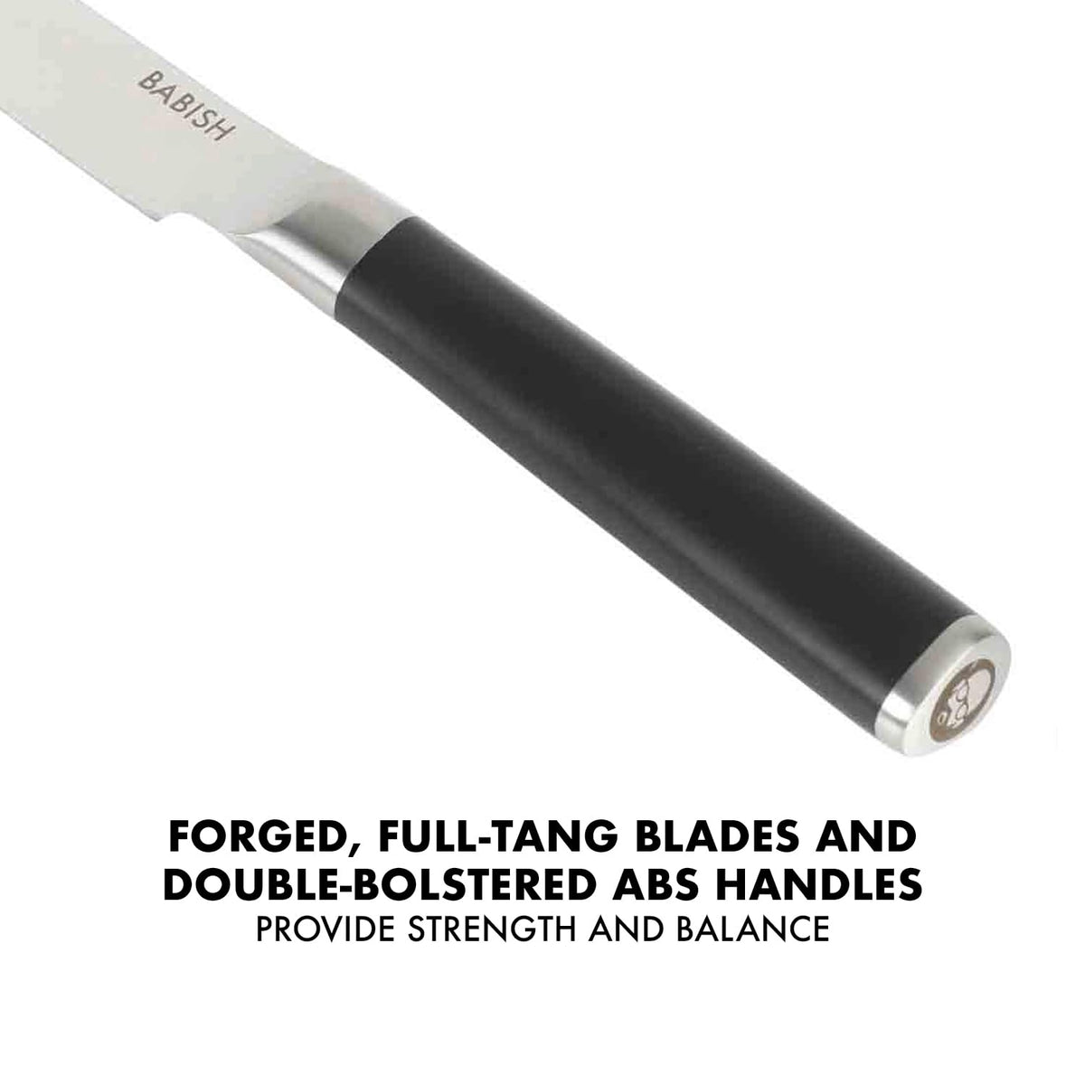 Ergonomic double-bolster handle offers secure grip during prep.