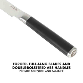 Ergonomic double-bolster handle offers secure grip during prep.