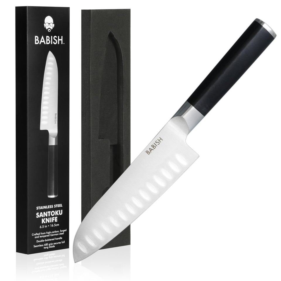 Babish Santoku knife blade close-up showcases high-carbon steel for precise slicing.
