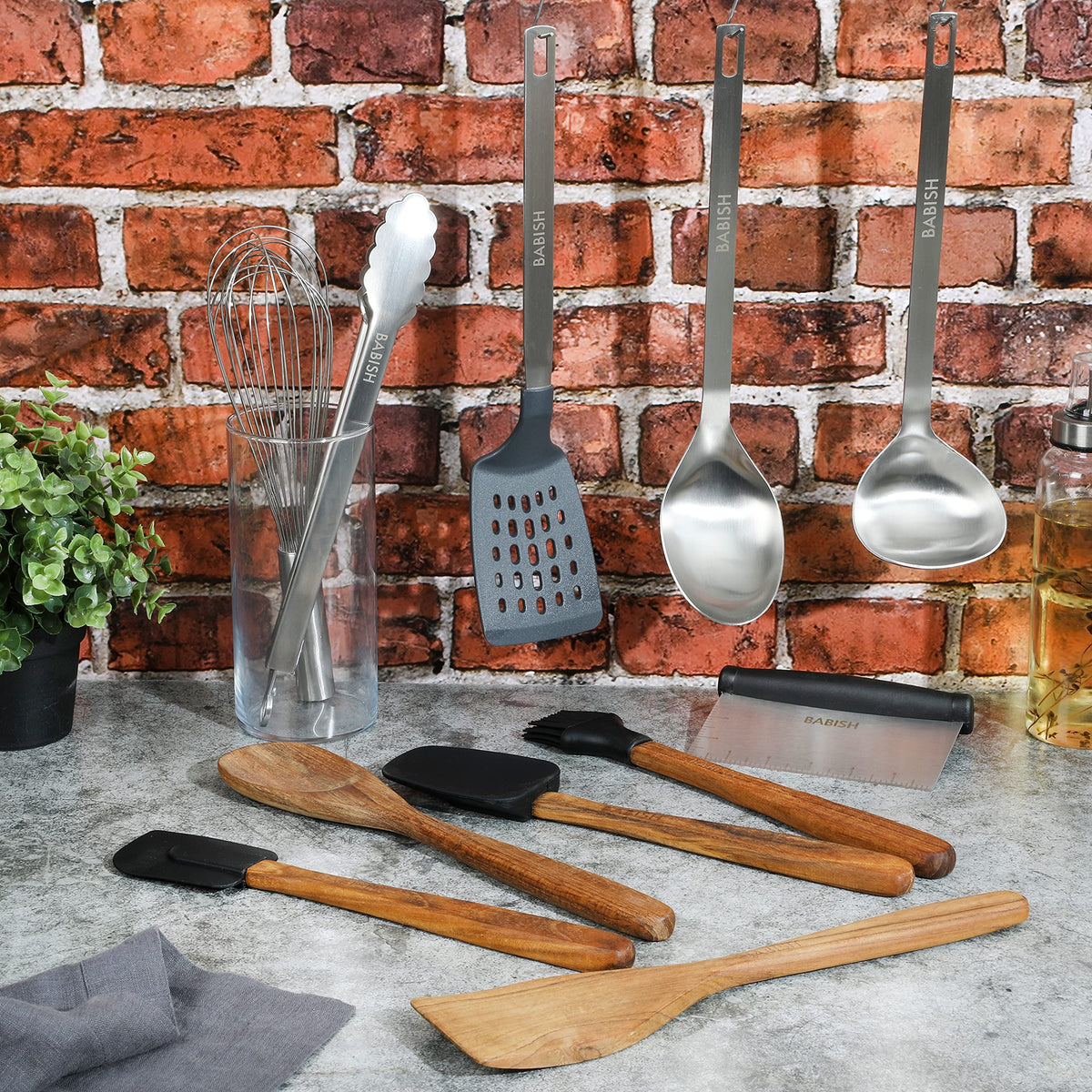 Babish wood spoon and wood turner offer comfortable grip for stirring.