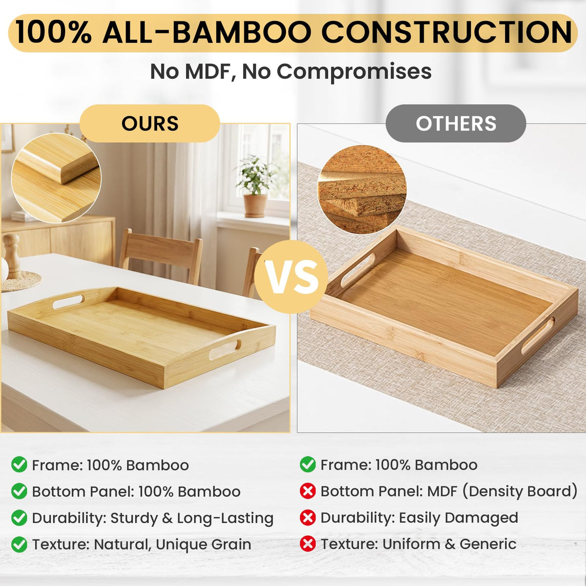 BABONIE bamboo serving tray with raised edges to prevent spills.