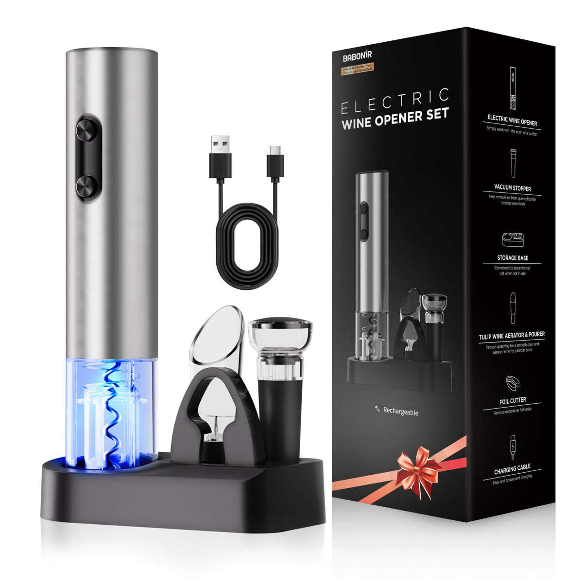 BABONIR electric wine opener uncorks bottles quickly for effortless entertaining