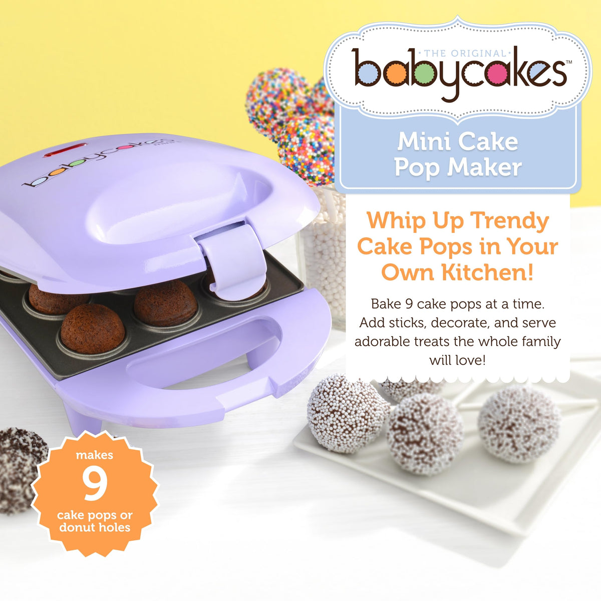 Babycakes mini cake pop maker open with recipes ready for baking