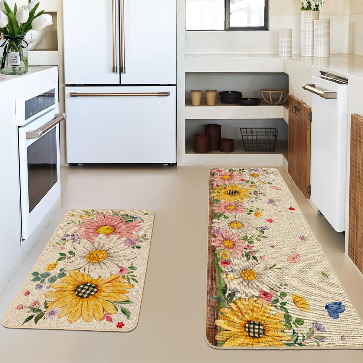 Baccessor Daisy Butterfly kitchen mat edge close highlights slim profile for under-door clearance.