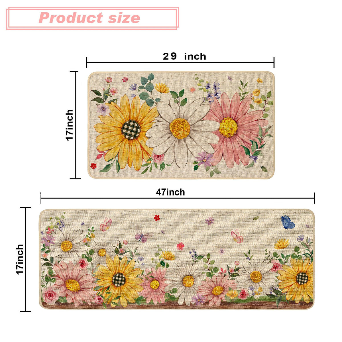 Baccessor Daisy Butterfly kitchen mat 17x47 edge close highlights slim, low-profile design.