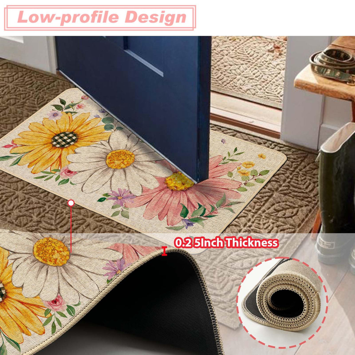 Baccessor Daisy Butterfly kitchen mat 17x47 front view for larger kitchen spaces.
