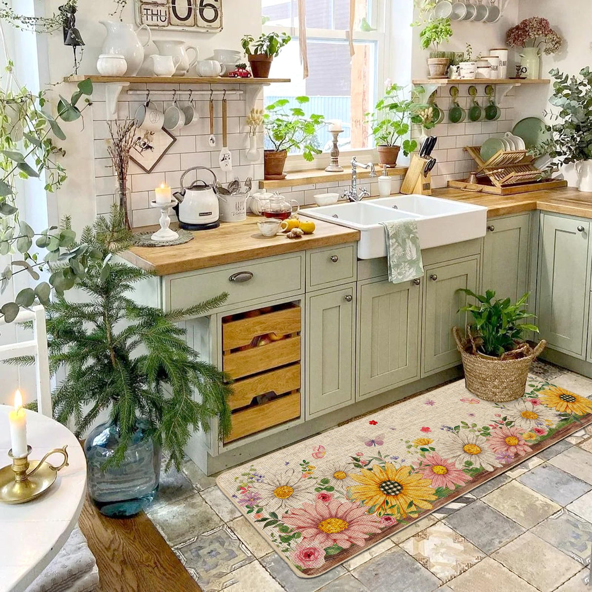 Baccessor Daisy Butterfly kitchen mat 17x47 rubber back keeps mat in place.
