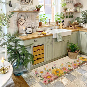 Baccessor Daisy Butterfly kitchen mat 17x47 rubber back keeps mat in place.