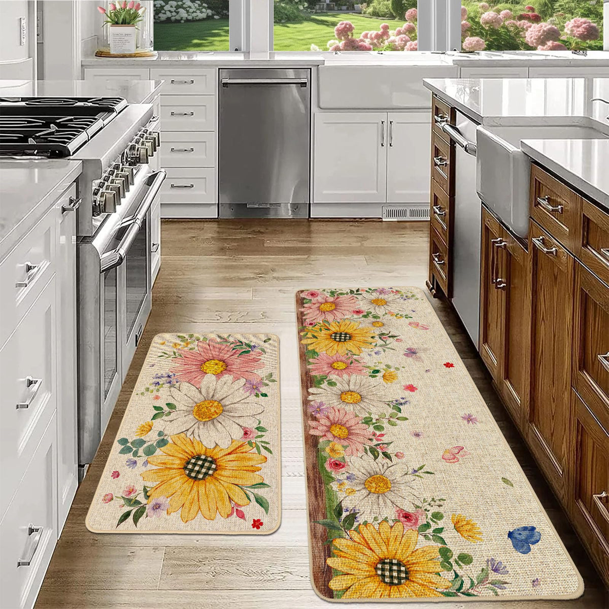 Baccessor Daisy Butterfly kitchen mat in room scene demonstrates decor integration and practicality.