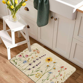 Baccessor wildflower burlap kitchen mat 17x47 provides extended coverage for larger prep areas.