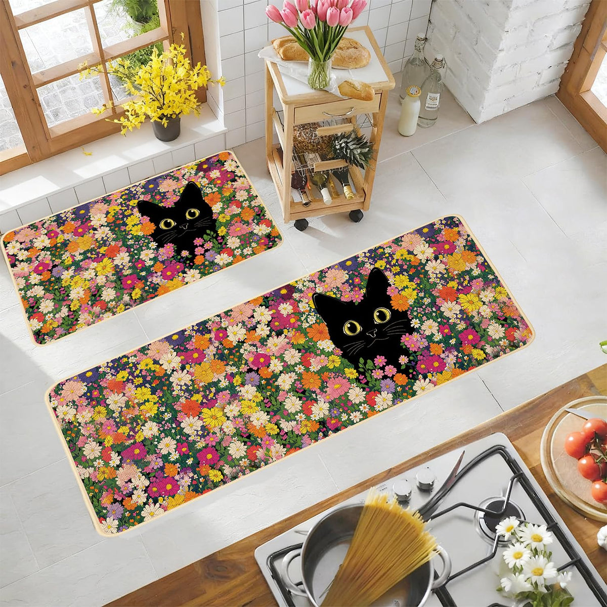 Baccessor Floral Cat Kitchen Mat with daisy design in a larger size for extended coverage.