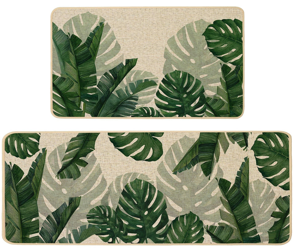 Baccessor Monstera spring kitchen mat 17x29, banana leaf design, absorbs spills near the sink