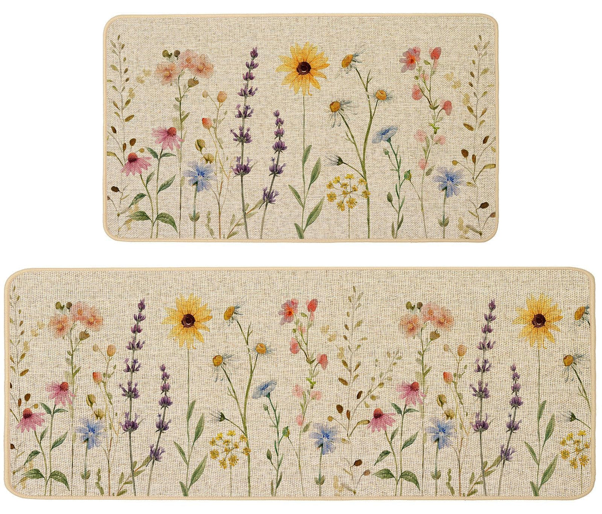 Baccessor spring floral kitchen mat with wildflowers on burlap surface for stylish kitchen protection.