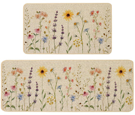 Baccessor spring floral kitchen mat with wildflowers on burlap surface for stylish kitchen protection.