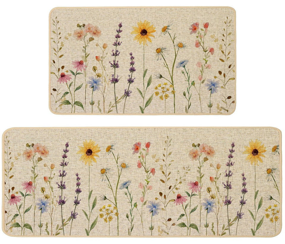Baccessor spring floral kitchen mat with wildflowers on burlap surface for stylish kitchen protection.