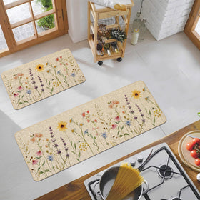 Baccessor spring floral kitchen mat features sunflower and daisy print with non-slip rubber backing.