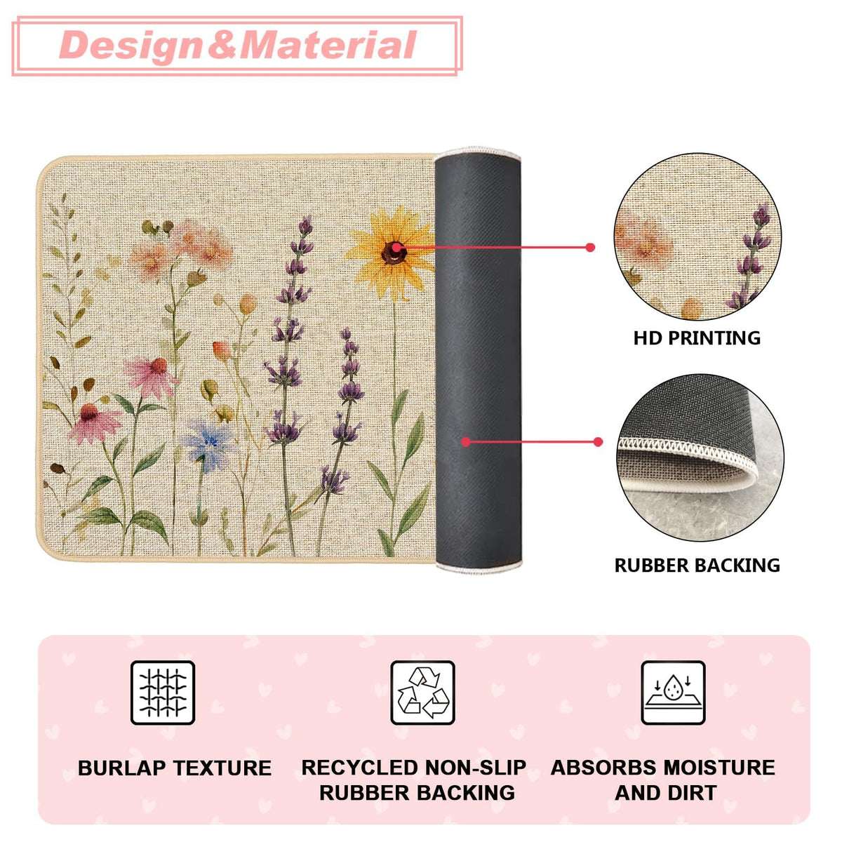 Baccessor wildflower burlap kitchen mat 17x47 delivers durable protection for bigger spaces.