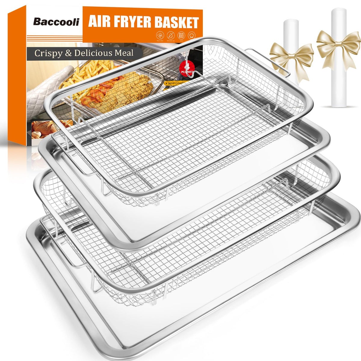 Baccooli air fryer basket for oven 15x11 promotes even heating and crisp results.