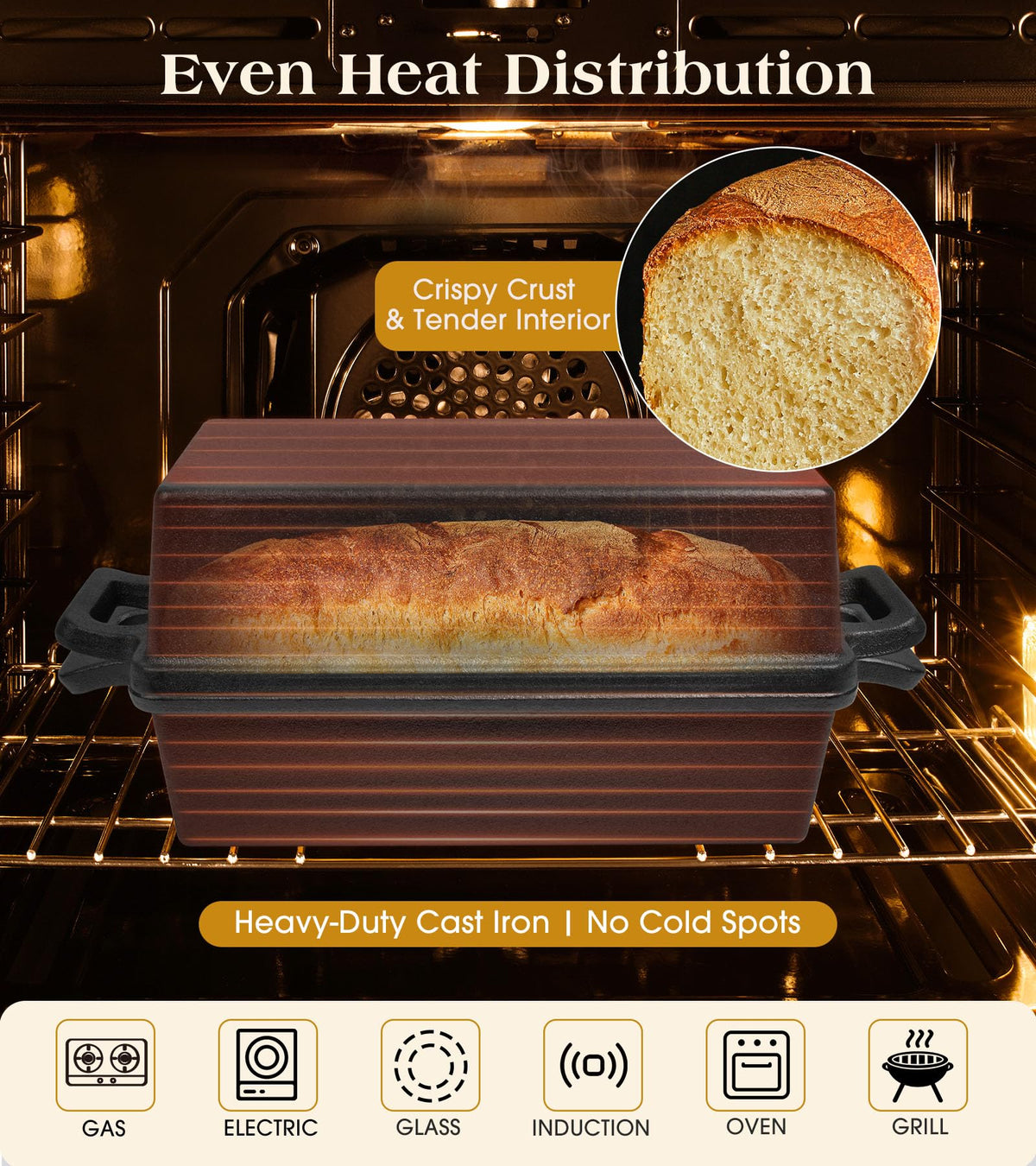 Bachdomc loaf pan used solo shows even heat for crusty bread.