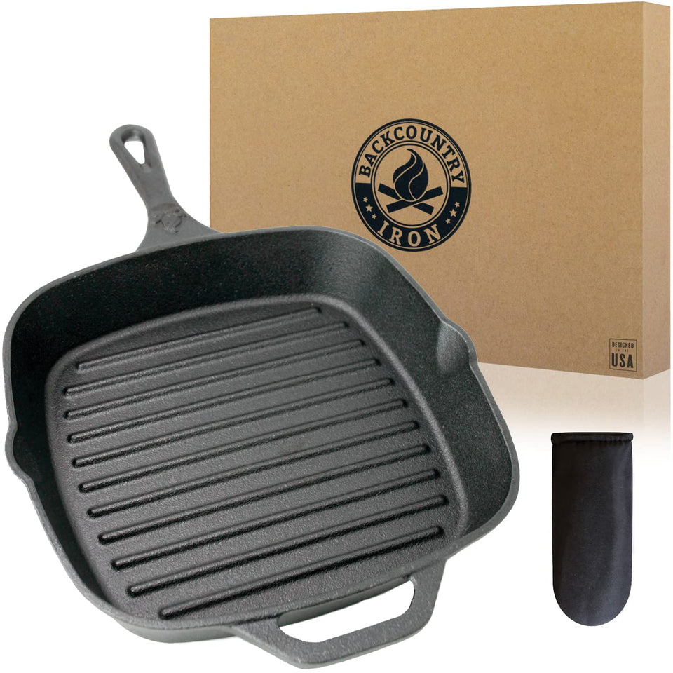 Backcountry Iron 12in square grill pan sears evenly for restaurant-quality results.