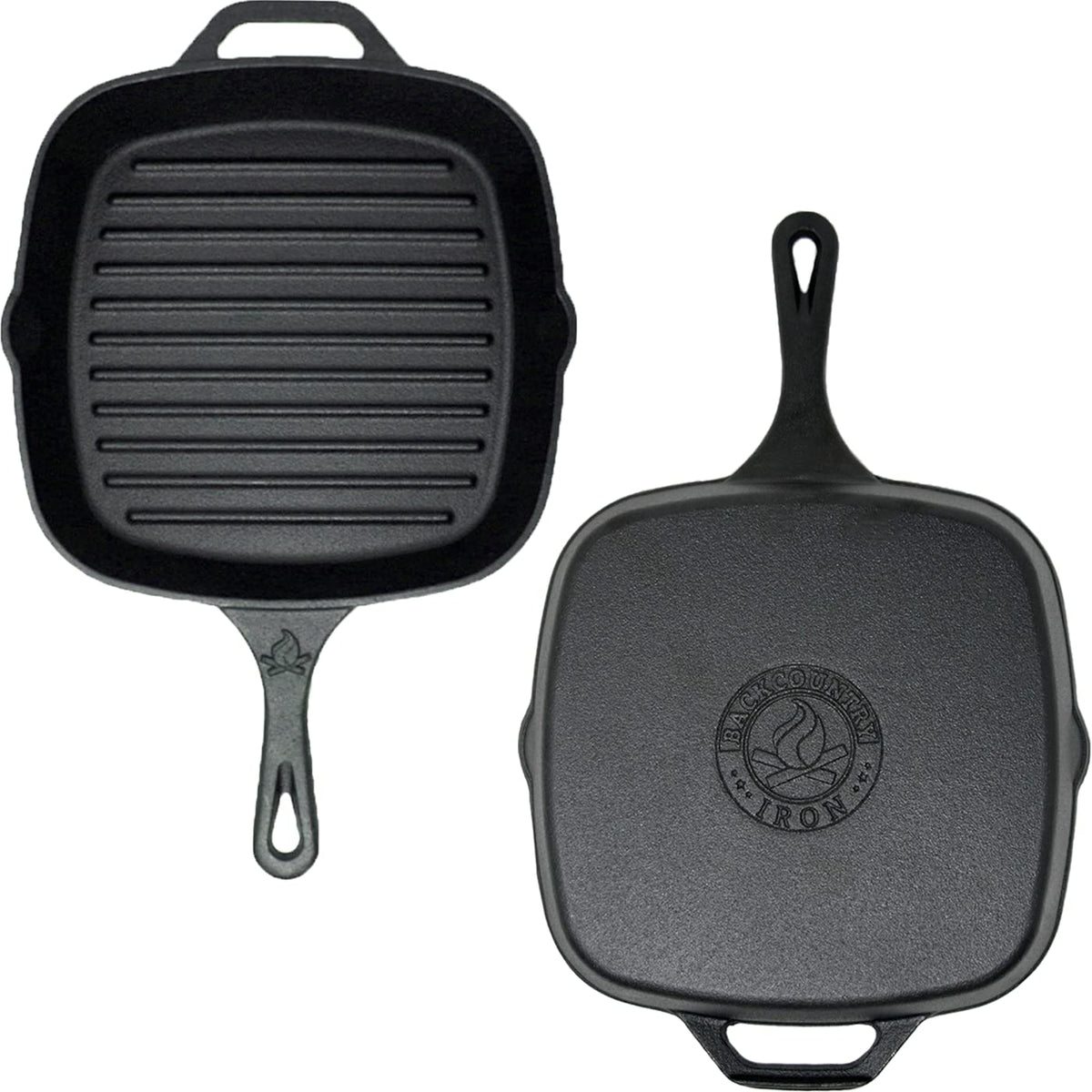 Backcountry Iron 12in pan ideal for oven and stovetop cooking with deep grill ridges.
