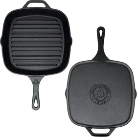 Backcountry Iron 12in pan ideal for oven and stovetop cooking with deep grill ridges.