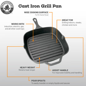 Backcountry Iron square grill pan features durable cast iron built to last.