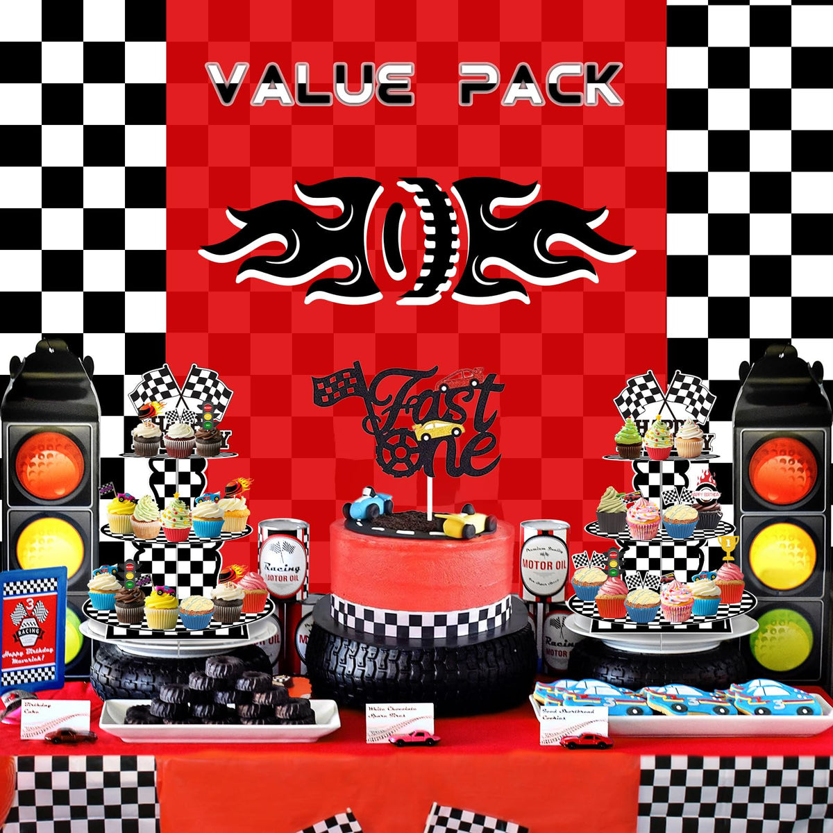 BACUTHY race car cupcake stand full display highlights a three-tier tower for treats