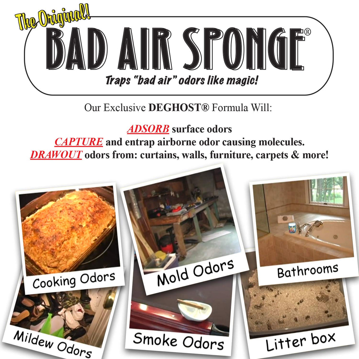 Bad Air Sponge 2lb blue container in use, safe around family and pets.