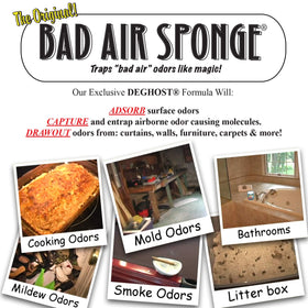 Bad Air Sponge 2lb blue container in use, safe around family and pets.