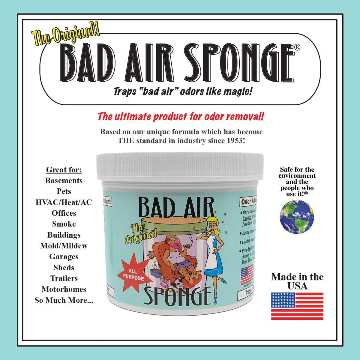 Bad Air Sponge 2lb container placed in a room showing odor remediation in a living area.