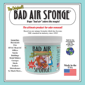 Bad Air Sponge 2lb container placed in a room showing odor remediation in a living area.