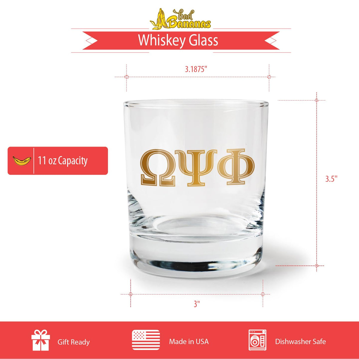 Bad Bananas BBGreek Omega Psi Phi glasses back view showing shape and size