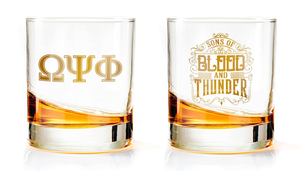 Bad Bananas BBGreek Omega Psi Phi glasses featuring the Sons of Blood and Thunder design for everyday use