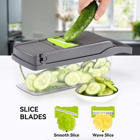 Badelite hand guard safety feature protects fingers during dicing and slicing.