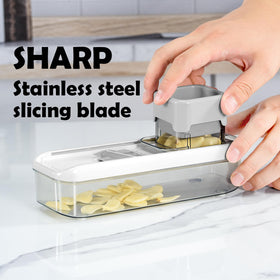 Badelite mini garlic slicer transparent container shows collected ingredients.