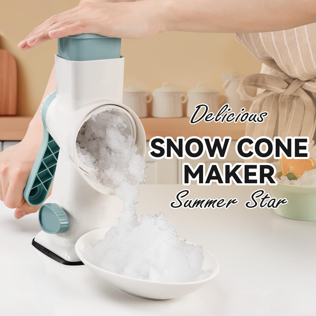 Badelite snow cone maker uses manual crank for smooth, fluffy ice on demand.