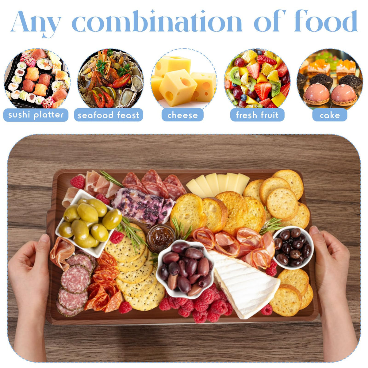 Baderke chilled serving tray with ice compartment boosts freshness for seafood or desserts.