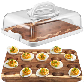 Baderke acacia wood deviled egg tray with lid showing 20-hole layout for serving