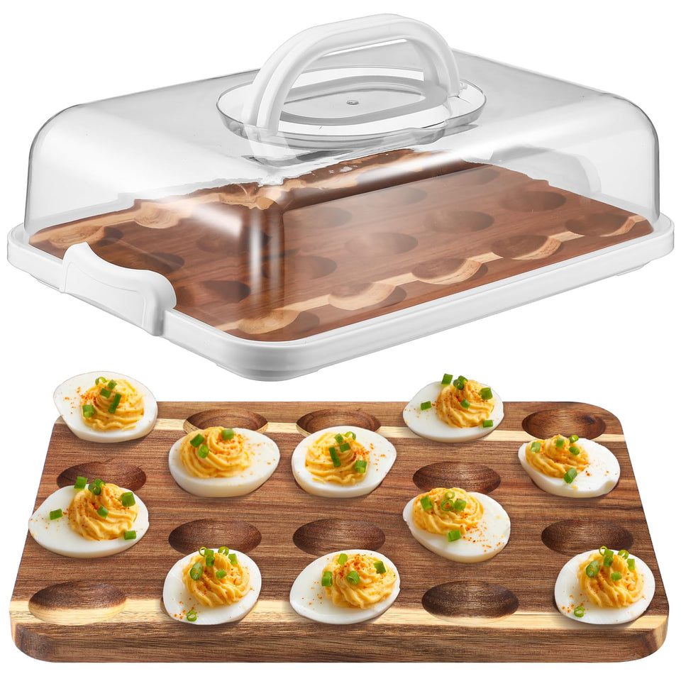 Baderke acacia wood deviled egg tray with lid showing 20-hole layout for serving
