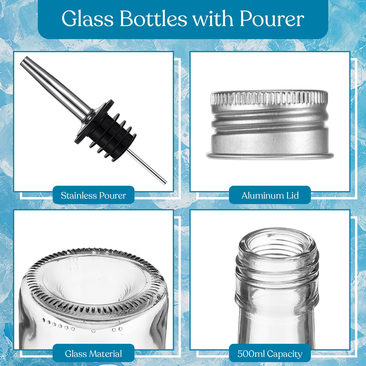 Baderke glass bottle cap and pourer set enables precise pouring