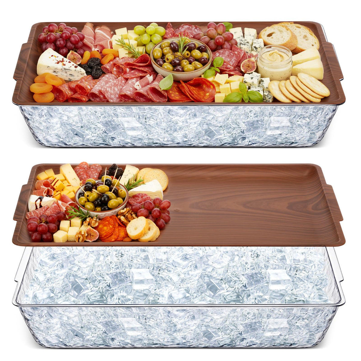 Baderke rectangle ice tray in dark wood, two-pack, ideal for keeping appetizers cold.