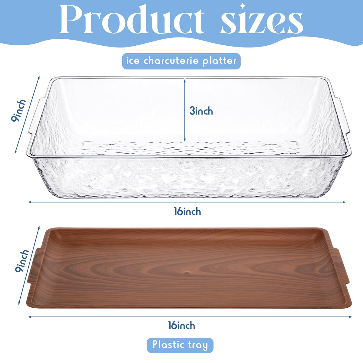 Baderke rectangle veggie tray in dark wood two-pack, perfect for chilled crudites at parties.
