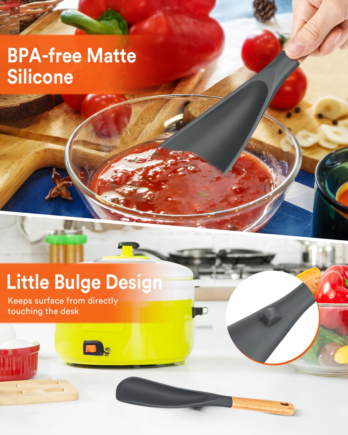 Integrated tool rest elevates the spoon after use.