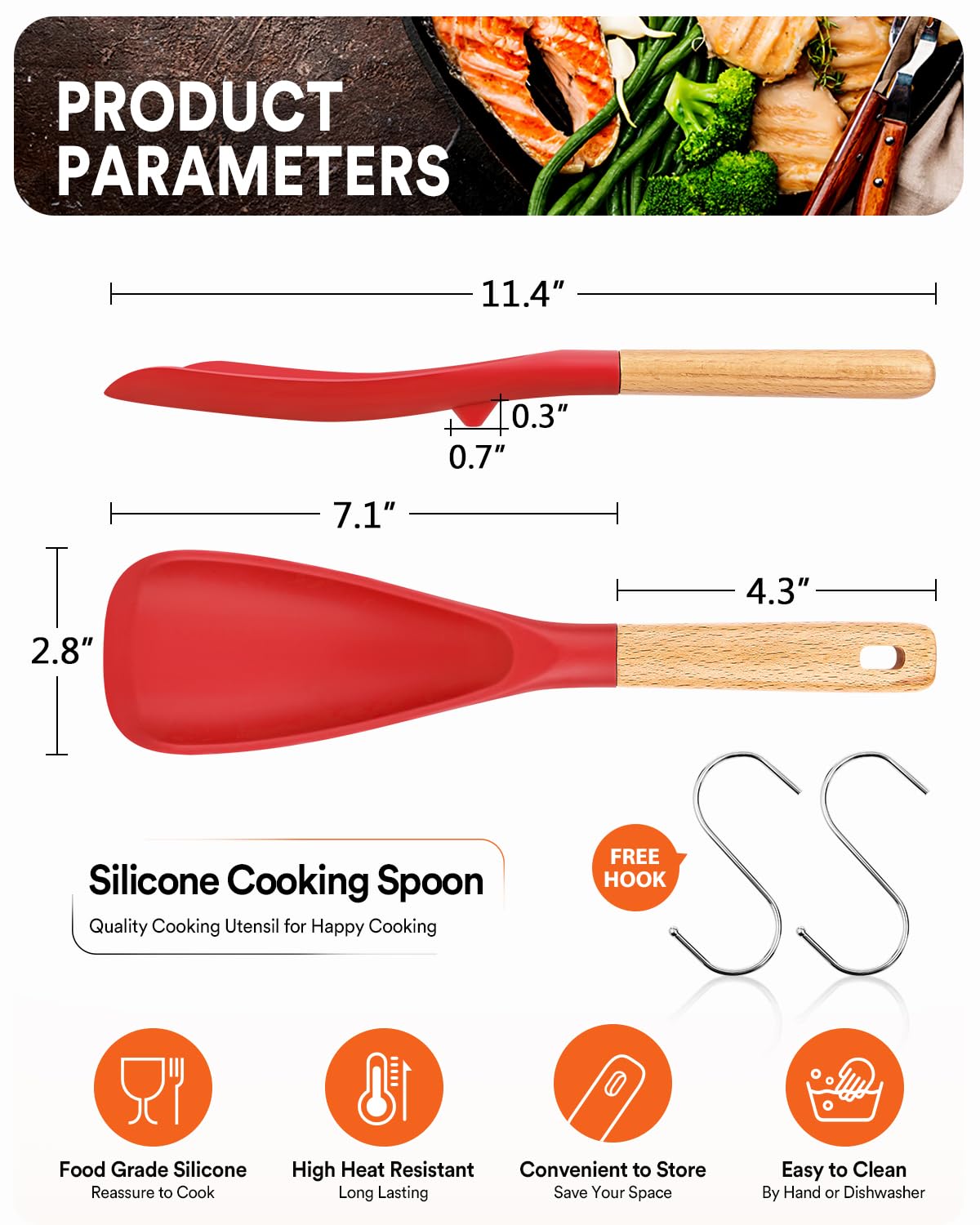 Badiano spoon head closeup in red silicone highlights safe, nonstick use.