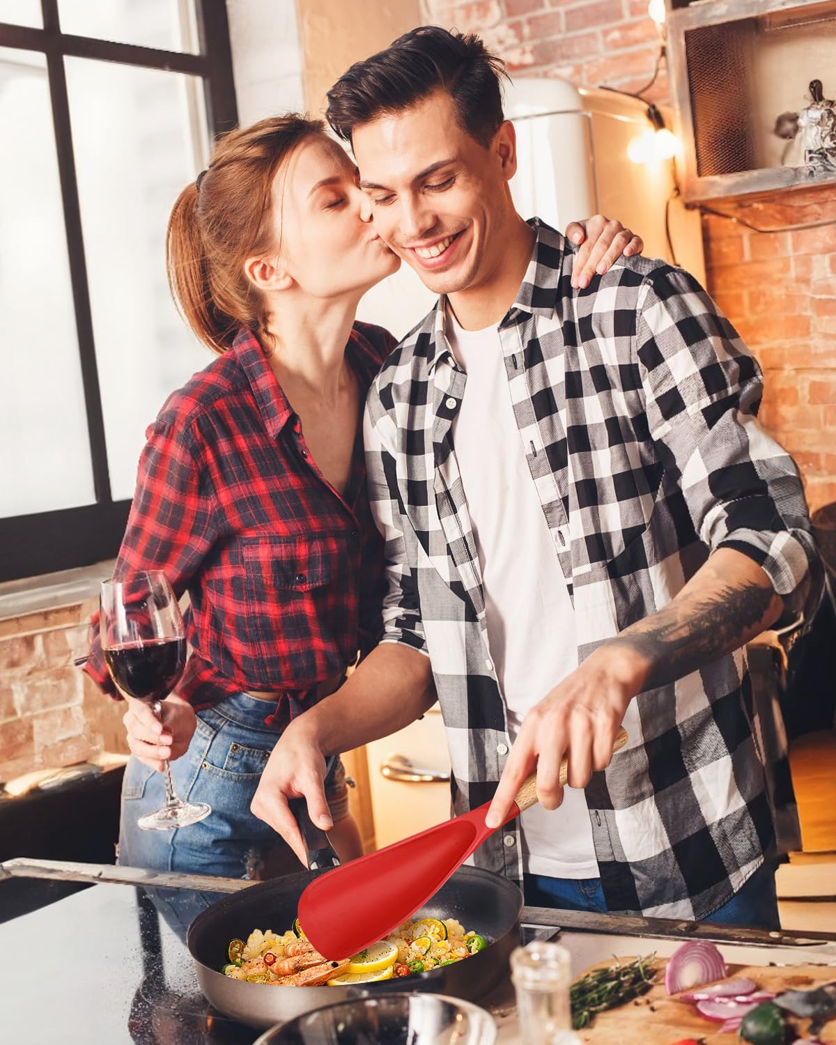 Badiano two-pack red silicone spoons protect nonstick surfaces during scraping.