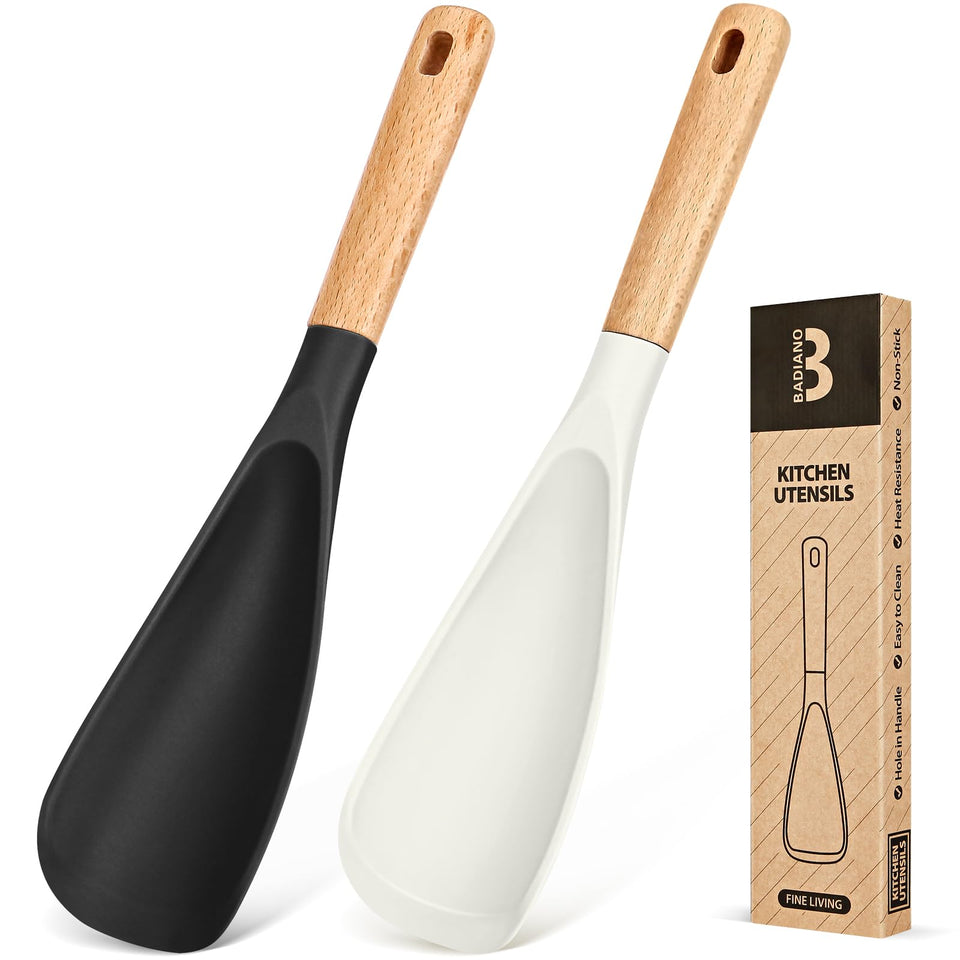 Badiano silicone cooking spoon with wooden handle stirring nonstick sauce safely.