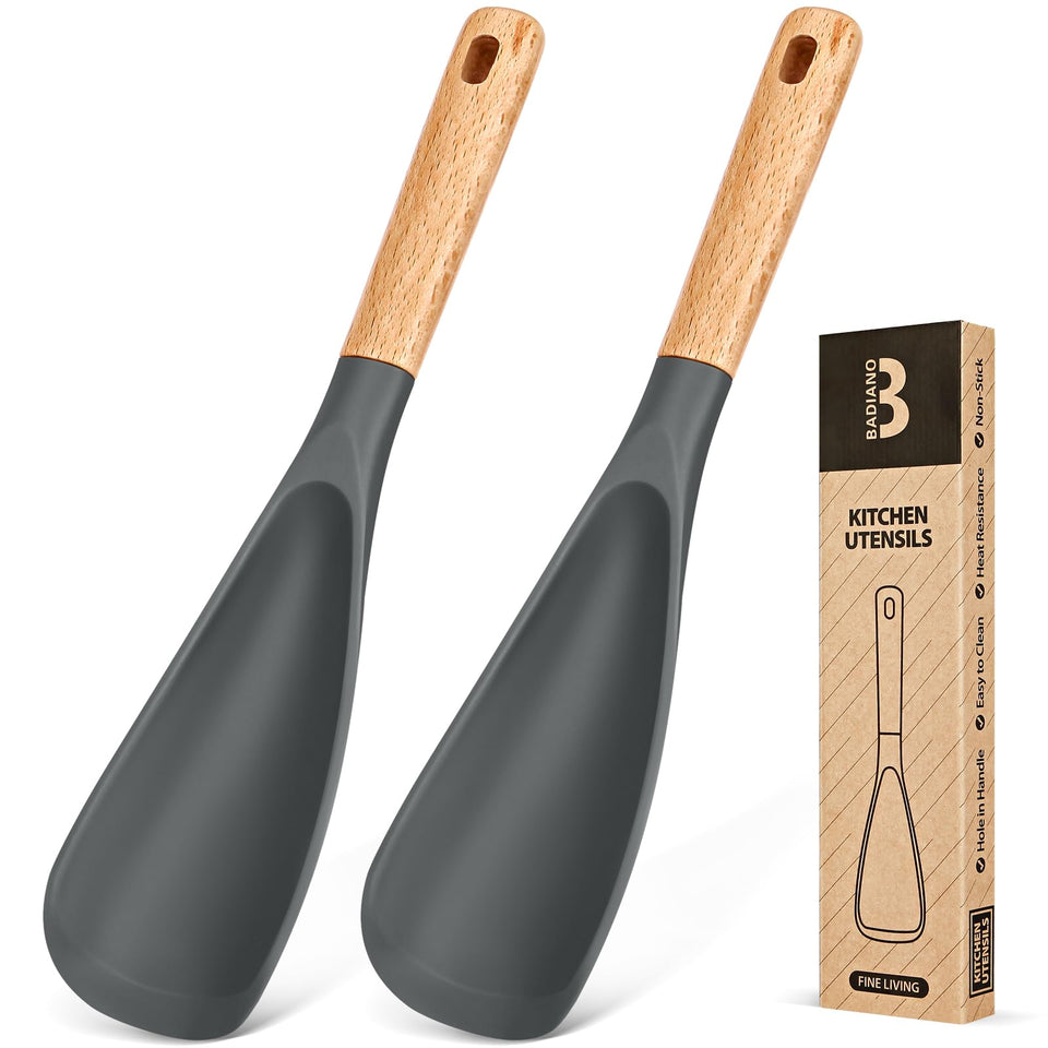 Badiano cooking spoon with grey silicone head and wooden handle for nonstick pots.