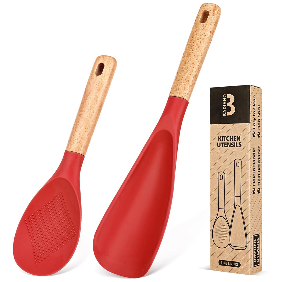 Badiano cooking spoon with red wood-handle for precise stirring in nonstick pans