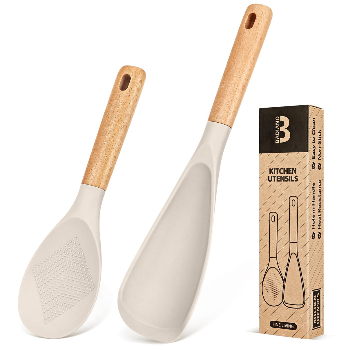 Badiano cooking spoon with silicone head and wood handle for precise stirring and serving.